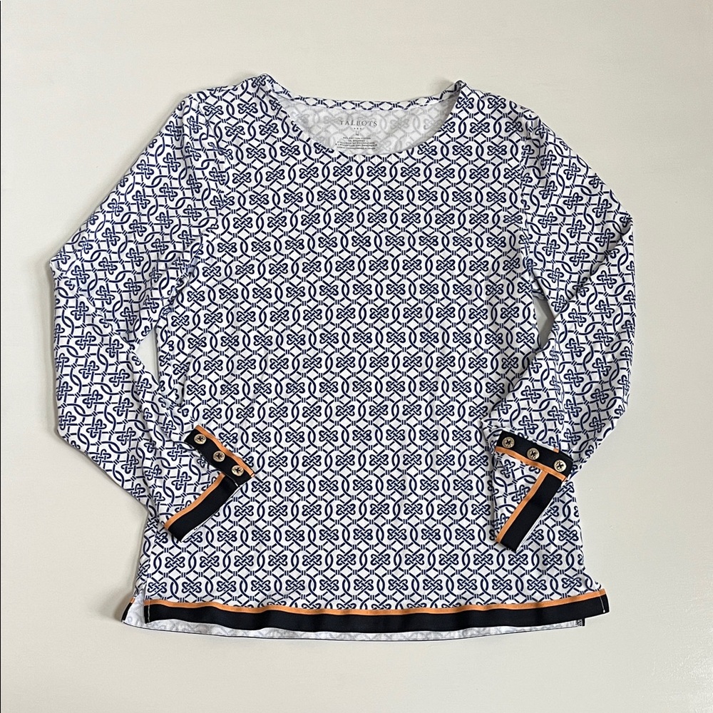 TALBOTS Navy and White Geometric Long Sleeve Top